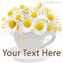 Cheerful daisy flowers in a delicate white cup glowing with golden sparkles, with editable text space underneath for custom good morning wishes.