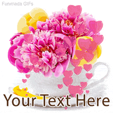 Animated white teacup filled with pink peonies and yellow tulips, surrounded by floating pink hearts and a customizable area below for adding your personal message.