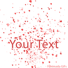 Romantic animation showing a cloud of scattered hearts spreading from the middle of the screen on a clean white background, with 'Your Text' ready for personalization.