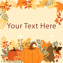 Animated GIF of illustrated pumpkins and autumn leaves forming a frame on a light yellow background, with sparkles. The center is blank for text.