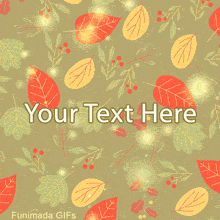 Animated GIF of a repeating pattern of autumn leaves and berries on a muted green background. Soft, glowing lights sparkle over the scene.