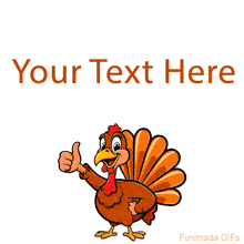 Animated GIF of a happy cartoon turkey winking and giving a thumbs up. An editable template for a funny Thanksgiving greeting.