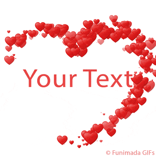 Animated red hearts of various sizes swirling gracefully in a spiral motion on a white background, forming a dynamic and romantic frame for custom text in the center.