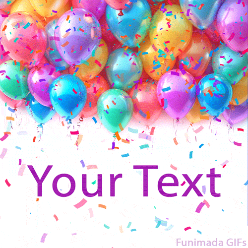 Animated GIF with colorful balloons and falling confetti framing an open white space. A festive, editable template perfect for celebratory messages.