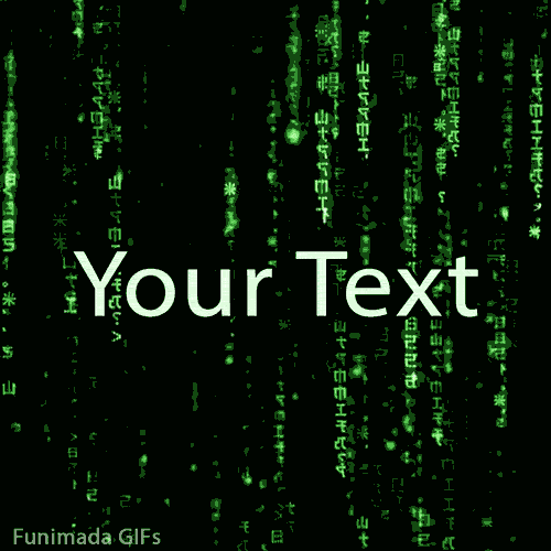 A looping GIF showing streams of futuristic green computer code falling vertically, creating a sci-fi animation template for personalized messages.