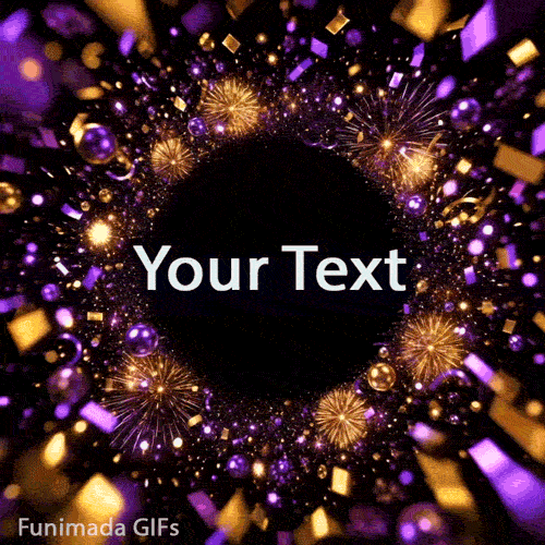 Highly festive 3D animated greeting card template designed for custom text, framed by a continuous, explosive vortex of purple and gold party elements.
