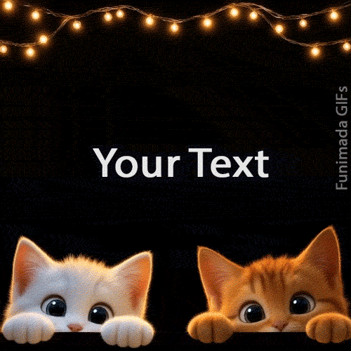 Cute animated greeting card template designed for custom text, beautifully framed by festive glowing lights above and two curious, peeking cats below.