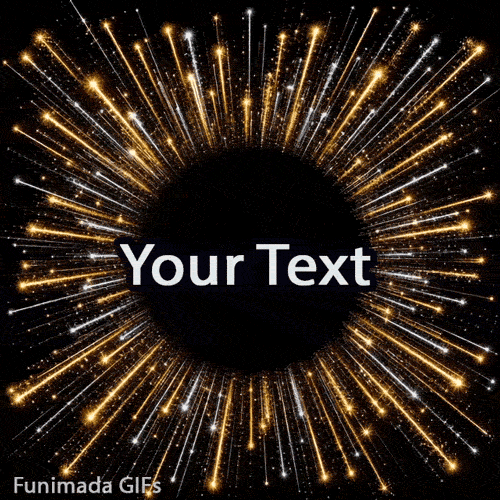 Editable celebration template showing a symmetrical fireworks explosion, with bright golden and white sparks radiating outward against a dark background.