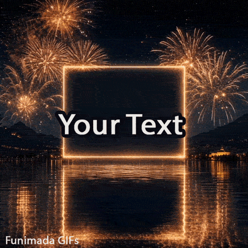 Looping GIF of gold-colored fireworks over a quiet harbor at night with mountains, featuring a central neon square outline for custom text.