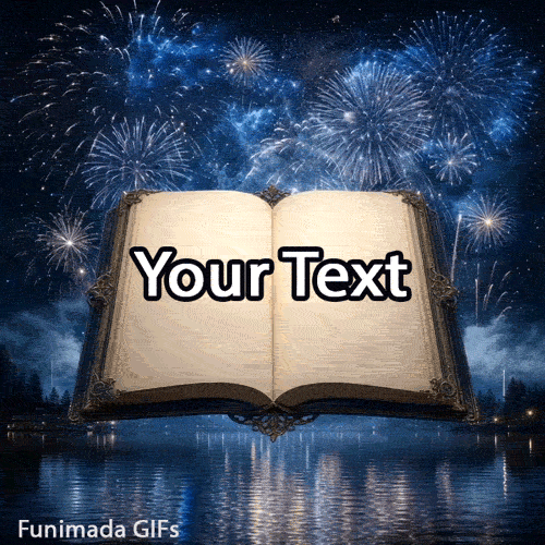 An ornate antique open book floats above a calm lake under a night sky filled with brilliant blue fireworks, ready for custom text on its pages.