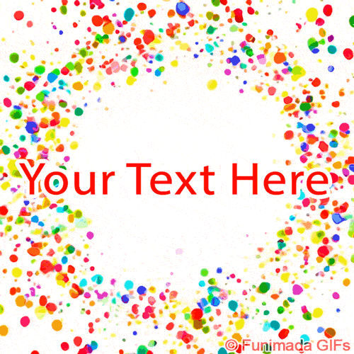 Bright multicolor confetti dots fall and swirl around the edges of a clean white center, forming a festive circular frame perfect for custom animated text placement.