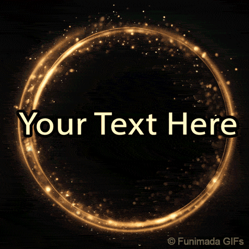 A shimmering golden circle sparkles gently against a dark background, creating a luxurious frame with glowing particles around a central area for personalized text.