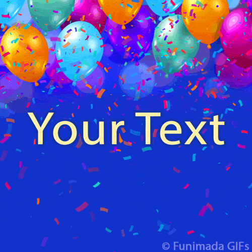 Bright party animation with glossy balloons and falling confetti scattered across a blue textured background, designed as an editable template for joyful greetings.