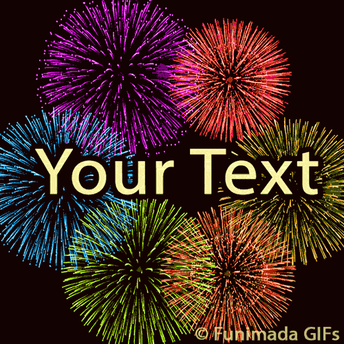 Animated background with bright fireworks in purple, red, blue, yellow, orange, and green bursting in circular patterns over a dark sky, forming a vibrant celebration scene.