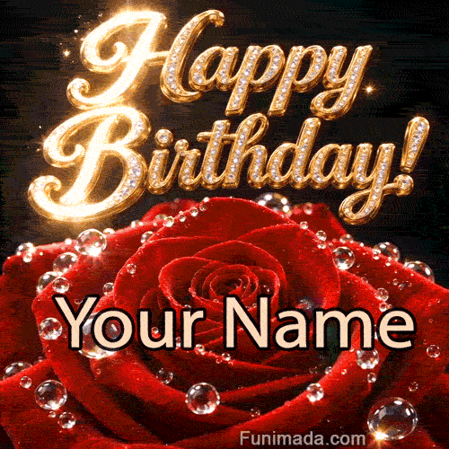 Elegant birthday animation featuring a deep red rose with sparkling water droplets beneath golden jeweled Happy Birthday lettering on a black background