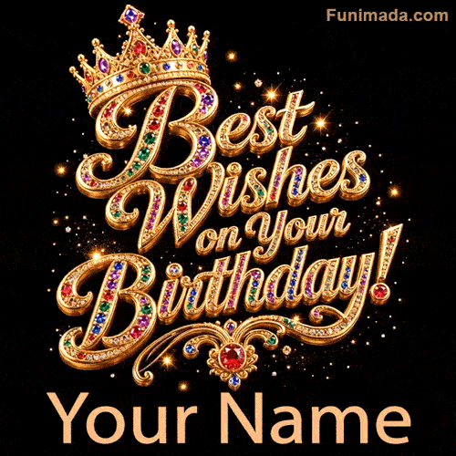 Luxurious birthday animation with golden jeweled lettering reading Best Wishes on Your Birthday, topped by a sparkling gem-encrusted crown against a dark starry background