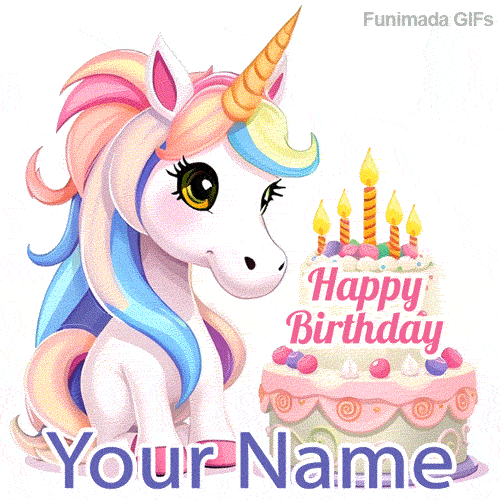 Cute unicorn editable animation showing a whimsical pastel illustration of a baby unicorn and a decorated cake on a clean white background.