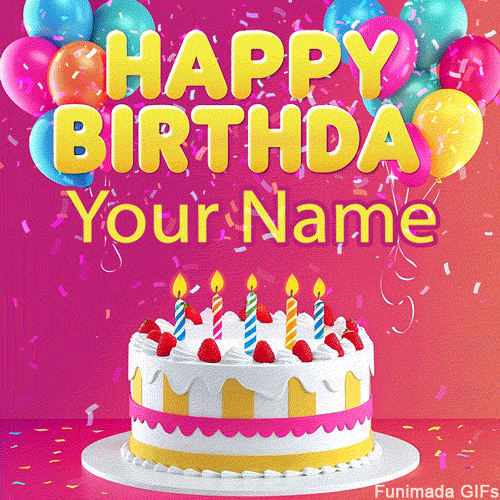 Customizable animated GIF featuring large 3D yellow Happy Birthday text at the top, a strawberry-topped cake with lit candles at the bottom, and bright balloons against a pink background.