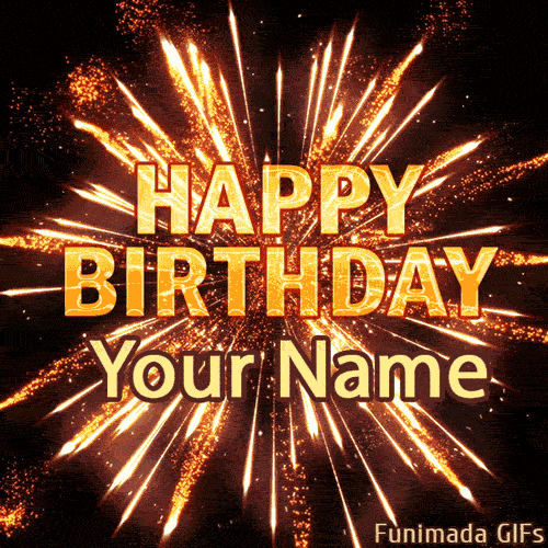 Customizable birthday GIF featuring a brilliant explosion of yellow and gold light beams with bold 3D text in the center.