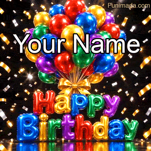 Festive  animated GIF template with a large cluster of colorful balloons tied with a gold bow above shiny rainbow foil Happy Birthday lettering, surrounded by confetti on a dark background