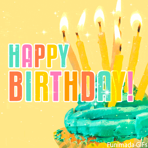 A festive cupcake with bright blue frosting and lit candles shines next to bold rainbow-colored “Happy Birthday” lettering, all glowing with sparkles on a warm yellow backdrop.