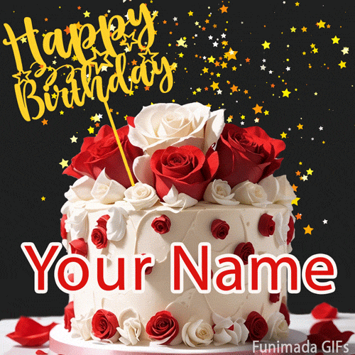 A beautiful birthday cake decorated with red and white roses. Animated stars sparkle and fall behind a golden 'Happy Birthday' sign for a festive wish.