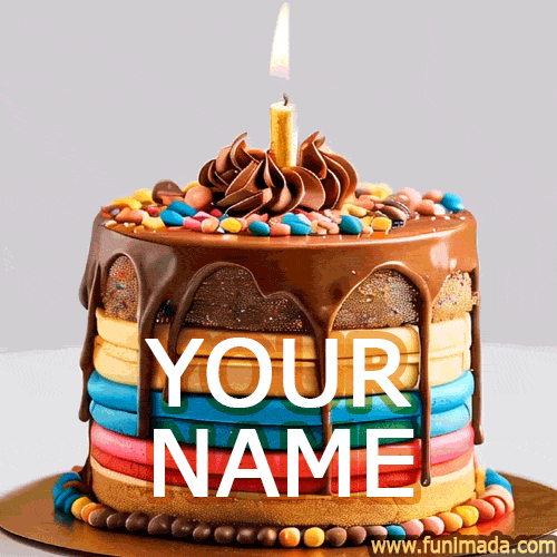 Elegant round cake with shiny chocolate drip, metallic gold base, and multicolored frosting accents around a glowing candle, set on a black background for dramatic effect.