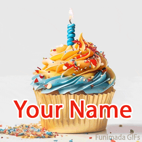 A golden cupcake with colorful icing and one burning candle animates gently, with vibrant sprinkles and scattered crumbs adding a playful touch to the white background.