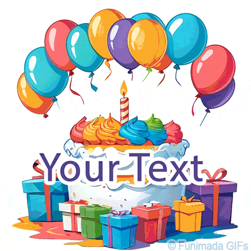 A festive birthday cake with decorative icing, one burning candle, balloons hovering overhead, and wrapped presents in various colors stacked below, animated in bright colors.