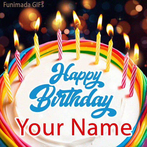 Cheerful animation of a colorful birthday cake with multiple lit candles. The classic 'Happy Birthday' greeting is centered on the white icing for you to add to.