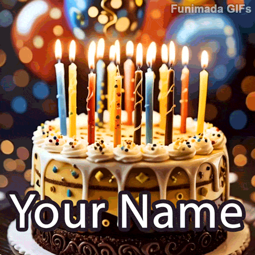 Layered birthday cake with intricate decorations, white glaze, and vibrant lit candles glowing brightly, set in front of festive balloons and warm twinkling lights.