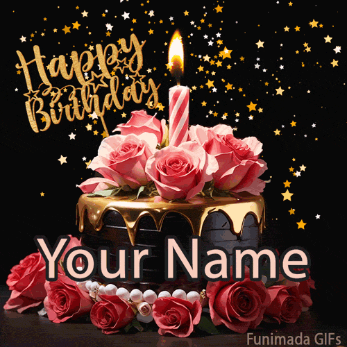 A luxurious animated cake decorated with pink roses and a single lit candle. Gold stars sparkle and fall against a black background, ready for a custom name.