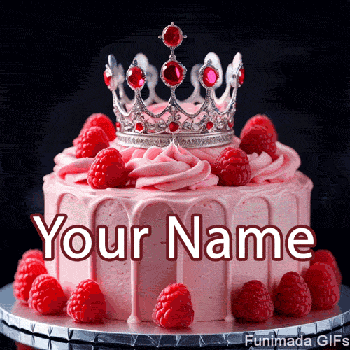 A luxurious pink birthday cake decorated with fresh raspberries and a royal jeweled crown. This animated greeting is fit for a queen and ready for your text.