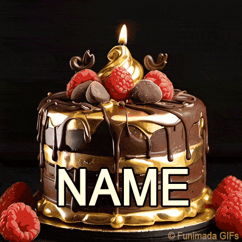 Luxurious birthday cake layered in dark chocolate and metallic gold drip, adorned with raspberries, chocolate swirls, and a glowing candle flickering gently in the center.