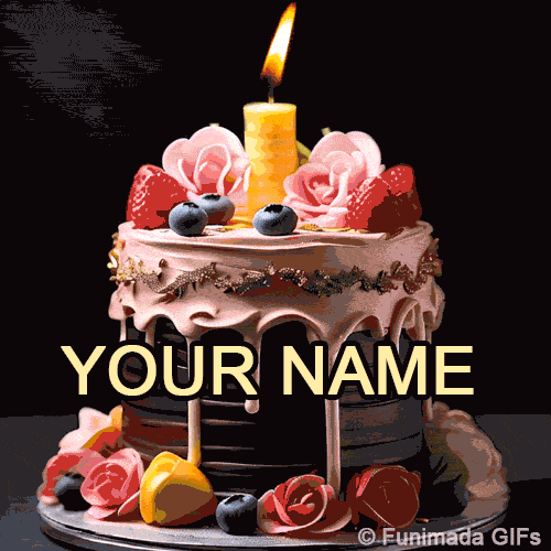 A luxurious birthday cake with dark layers, pastel pink icing, golden trim, and edible flower decorations, topped with fruit and a flickering candle against a black backdrop.