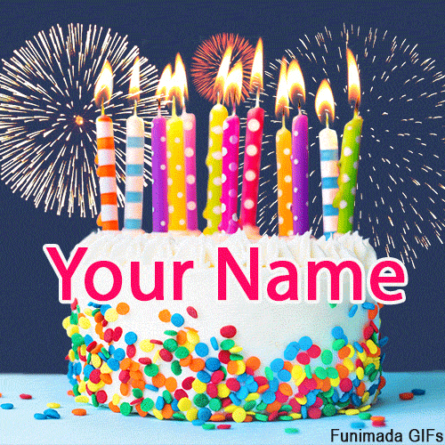 A festive premium birthday cake covered in rainbow sprinkles, with flickering candles and an animated fireworks display. This template is ready for you to add a name.