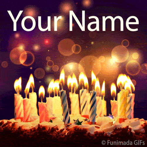 Animated birthday cake with dozens of lit candles flickering against a glowing background of golden bokeh lights, creating a warm and festive celebration scene.