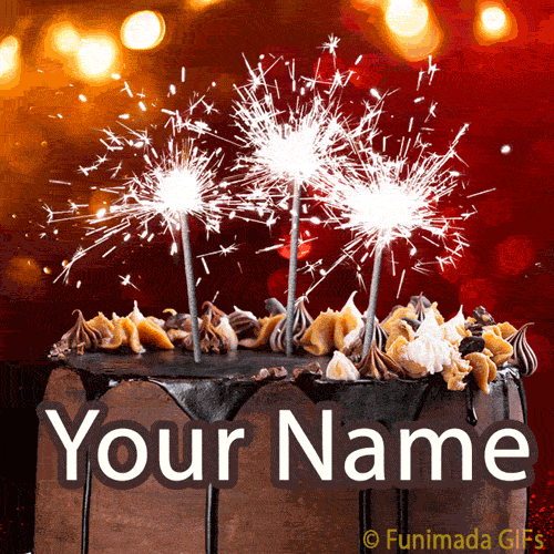 Animated birthday cake with rich chocolate frosting and whipped cream toppings, topped by three glowing sparklers sparkling against a warm, festive bokeh background.