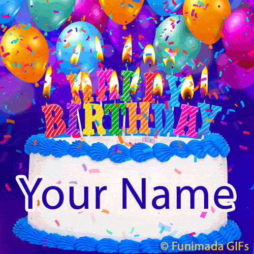 Festive birthday cake animation with lit rainbow candles, blue icing, floating party balloons, and multicolored confetti raining down over a purple backdrop.