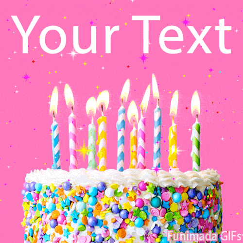 Animated birthday cake with colorful sprinkles, tall pastel-striped candles lit and flickering, set against a bright pink background with twinkling sparkles and stars.