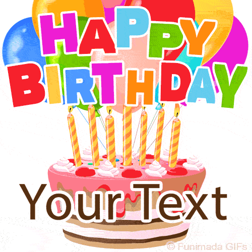 Bright and festive animated GIF featuring a pink cake with tall yellow-striped candles, whipped cream swirls, and a backdrop of helium balloons and rainbow-colored birthday text.