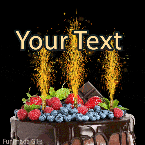 Rich birthday cake decorated with fruit, chocolate pieces, and three animated golden sparklers rising from the top, set on a dark background for dramatic contrast.