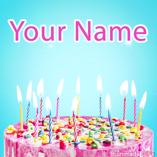 Animated pink-frosted birthday cake topped with colorful cereal and candies, featuring multiple striped candles flickering brightly against a bright blue background with subtle sparkles.