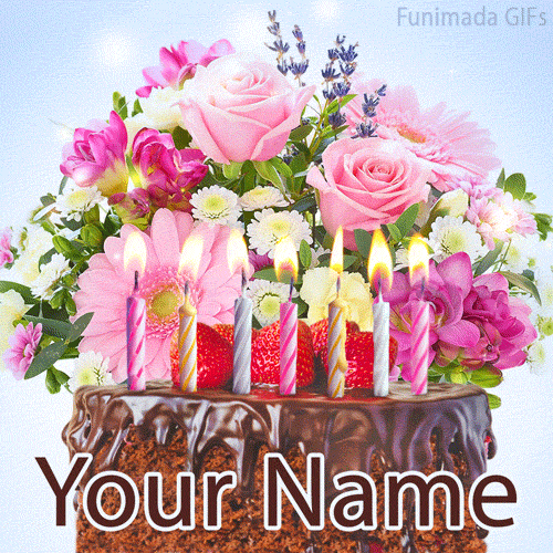 Elegant birthday GIF showing a chocolate cake topped with lit pastel candles, with a lush arrangement of roses, gerberas, and spring blooms in soft pink and purple hues.