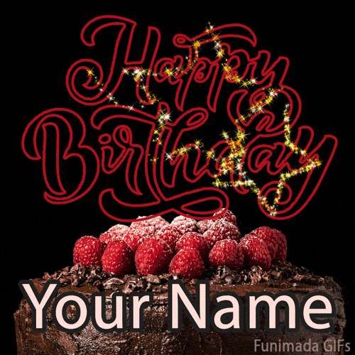 Rich frosted chocolate cake with raspberries dusted in powdered sugar, set beneath an animated red 'Happy Birthday' outline adorned with golden twinkling sparkles.