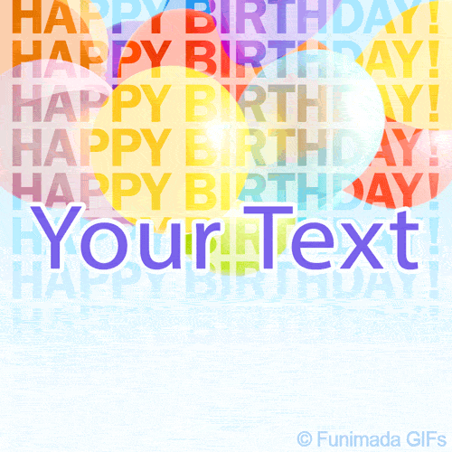 Multicolored balloons float across a background filled with layered 'HAPPY BIRTHDAY' phrases in rainbow tones, creating a festive and editable animated template.
