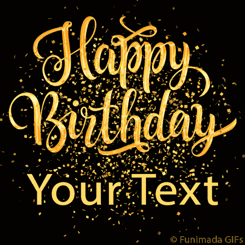 Animated GIF featuring elegant gold 'Happy Birthday' script text surrounded by falling golden confetti sparkles on a black background, creating a classy and celebratory atmosphere.