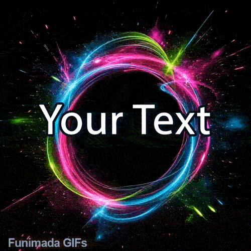 Vibrant animated greeting card template with a central dark circle for custom text, surrounded by electrifying, fast-moving neon loops and glowing cosmic energy.