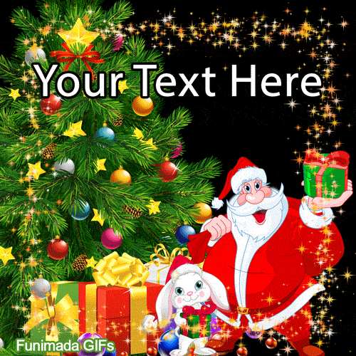 Santa Claus and a white bunny holding presents by a decorated Christmas tree, with a sparkling gold star border on a black background.