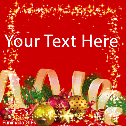 Sparkling star frame on a red background. The bottom features a golden ribbon, pine, and festive red and gold Christmas ornaments.